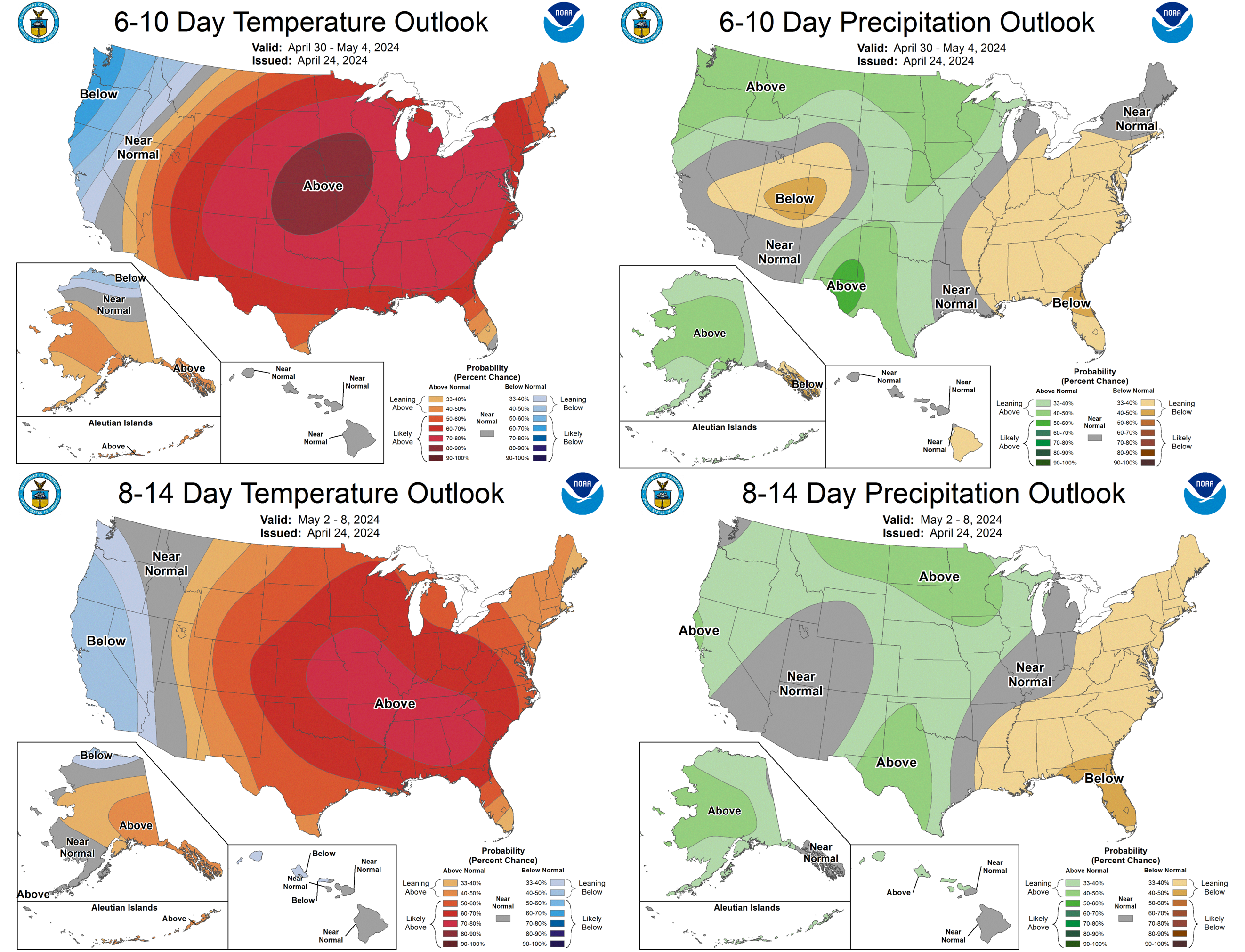 U.S. maps showing temperature and precipitation outlooks.